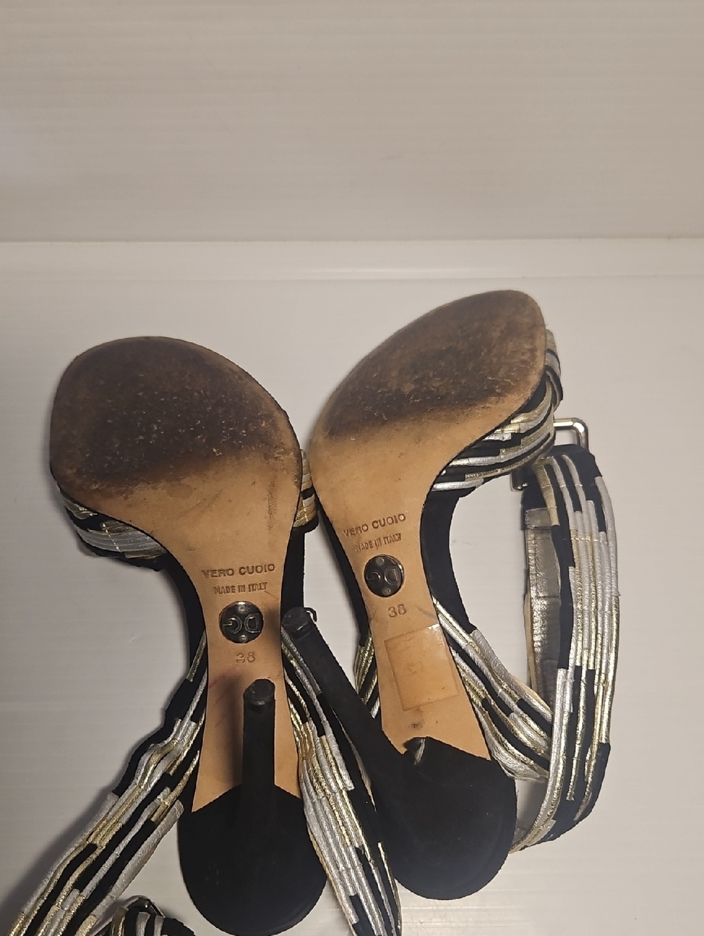 Dolce & Gabbana Black Silver Leather Colorblock Criss-Cross Heeled Sandals Sz 38 - Picture 7 of 11